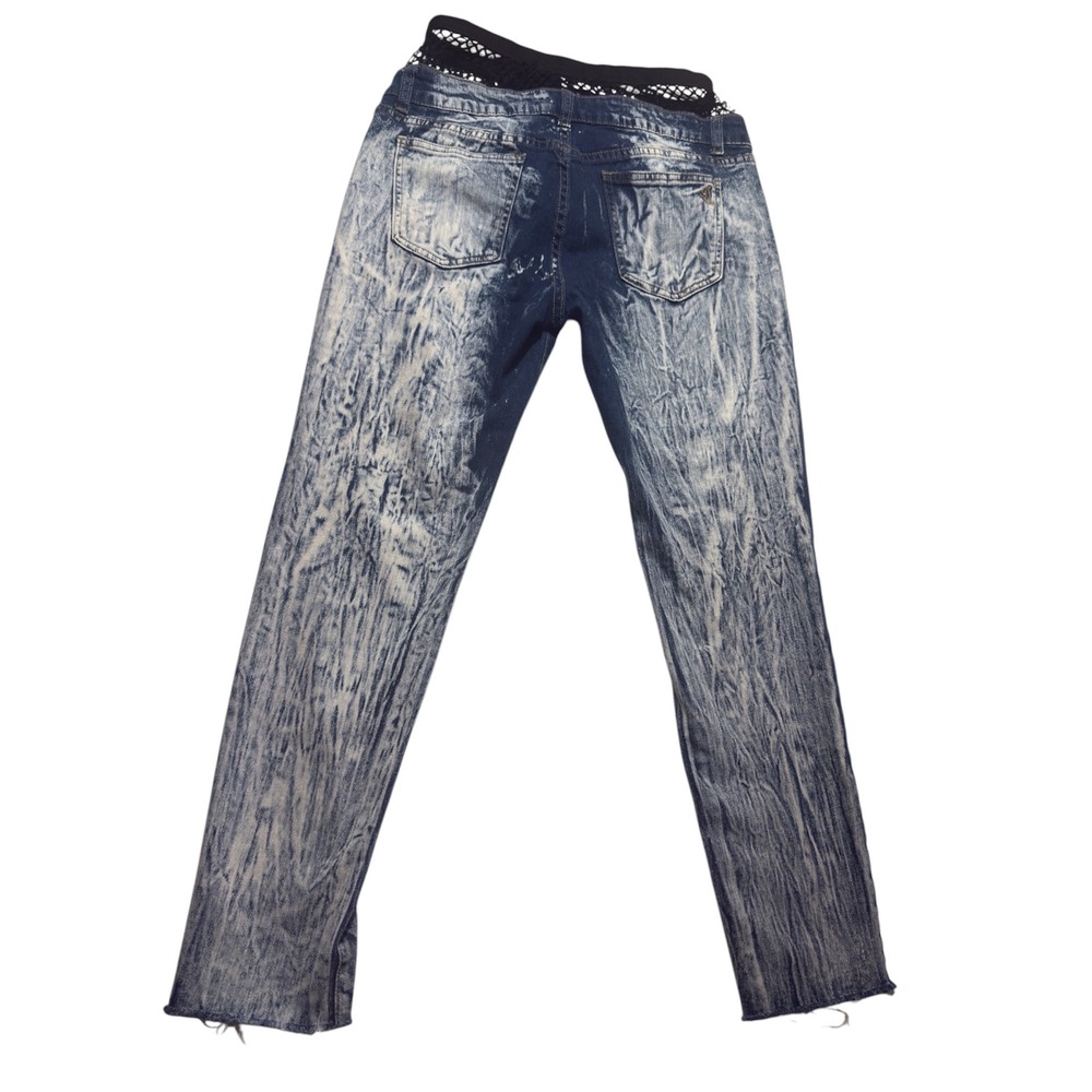 VIP Jeans Blue Acid Wash Distressed Fishnet Waistband 32" Women Grunge Stretch - Picture 2 of 7